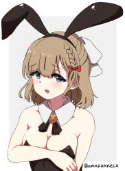 Rule 34 | 1girl, alternate costume, ame-rain, animal ears, asahi (kancolle), bare shoulders, black bow, black bowtie, border, bow, bowtie, braid, breasts, brown hair, cleavage, commentary request, detached collar, fake animal ears, grey background, hair between eyes, hair bow, hair ribbon, highres, kantai collection, large breasts, leotard, looking at viewer, mole, mole under mouth, partial commentary, playboy bunny, rabbit ears, red bow, ribbon, short hair, simple background, single braid, solo, twitter username, upper body, white border, white ribbon, wing collar