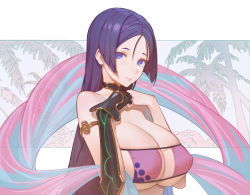Rule 34 | 1girl, armlet, bare shoulders, bikini, breasts, choker, cleavage, collarbone, eyepatch bikini, fate/grand order, fate (series), large breasts, long hair, looking at viewer, minamoto no raikou (fate), minamoto no raikou (fate/grand order), minamoto no raikou (swimsuit lancer) (fate), minamoto no raikou (swimsuit lancer) (third ascension) (fate), parted bangs, purple bikini, purple eyes, purple hair, solo, swimsuit, timbougami, very long hair