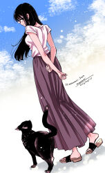 Rule 34 | 1girl, animal, arms behind back, black-framed eyewear, black cat, black hair, breasts, brown footwear, cat, closed mouth, commentary request, copyright name, dated, dutch angle, full body, glasses, hand on own arm, himawari-san, himawari-san (character), long hair, long skirt, looking at another, looking at viewer, looking back, medium breasts, pleated skirt, purple skirt, sandals, shirt, short sleeves, signature, simple background, skirt, smile, solo, standing, sugano manami, toes, white shirt