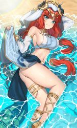 Rule 34 | 1girl, absurdres, arm behind head, ass, barefoot, beach, blush, breasts, circlet, clothes lift, crop top, day, detached sleeves, feet out of frame, genshin impact, gladiator sandals, harem outfit, highres, horns, legs, long hair, long sleeves, looking back, lying, medium breasts, nanni jjang, navel, nilou (genshin impact), on side, outdoors, red hair, sandals, sideboob, sidelocks, skirt, skirt lift, smile, solo, stomach, tearing up, thighlet, thighs, twintails, veil, water