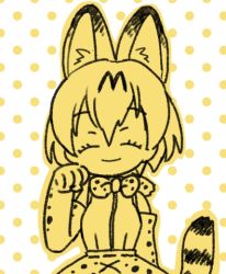 Rule 34 | 1girl, ^ ^, animal ear fluff, animal ears, animal print, arm at side, bare shoulders, bow, bowtie, clenched hand, closed eyes, closed mouth, commentary request, elbow gloves, extra ears, facing to the side, gloves, hair between eyes, hand up, happy, high-waist skirt, katagiri atsuko, kemono friends, monochrome, no nose, outline, paw pose, polka dot, polka dot background, print bow, print bowtie, print gloves, print neckwear, print skirt, serval (kemono friends), serval print, serval tail, short hair, skirt, sleeveless, smile, solo, standing, straight-on, striped tail, tail, traditional bowtie, upper body, white background, yellow outline, yellow theme