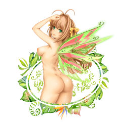 Rule 34 | 1girl, absurdres, antenna hair, arm up, ass, back, blush, breasts, closed mouth, commentary request, cowboy shot, fairy wings, green eyes, hair intakes, hair ribbon, highres, kimi ga nozomu eien, looking back, medium breasts, nipples, only haruka, partial commentary, ribbon, solo, suzumiya haruka, wings, yellow ribbon