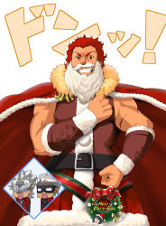 Rule 34 | 3boys, absurdres, amakusa shirou (fate), archer (fate), arm at side, beard, bell, belt, bow, cape, chibi, christmas, clenched hand, coat, cross, facial hair, fate/grand order, fate/zero, fate (series), fur trim, glint, grin, highres, iskandar (fate), looking at viewer, male focus, mask, merry christmas, multiple boys, muscular, mustache, open mouth, ornament, red bow, red cape, red coat, red eyes, red hair, santa costume, scar, smile, standing, tama5755, waver velvet, white background, white hair, wreath