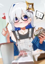 Rule 34 | 1girl, amane kanata, black-framed eyewear, black shirt, blue hair, blue jacket, blue nails, blurry, blurry foreground, blush, burger, collarbone, colored inner hair, commentary, cup, depth of field, disposable cup, earrings, eating, eyes visible through hair, fast food, flat chest, food, food on face, glasses, hair between eyes, heart, highres, holding, holding food, hololive, hoop earrings, indoors, jacket, jewelry, long sleeves, looking at viewer, medium hair, multicolored hair, multicolored nails, nail polish, necklace, off shoulder, open clothes, open jacket, overalls, purple eyes, same jarashi, shirt, single hair intake, sleeveless, sleeveless shirt, solo, spoken expression, two-tone hair, virtual youtuber, white hair, white overalls, yellow nails