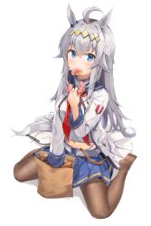 Rule 34 | 1girl, absurdres, ahoge, animal ears, bag, belt, black pantyhose, blue eyes, blue skirt, commentary request, doughnut, feet, food, food in mouth, grey belt, grey hair, highres, horse ears, horse girl, horse tail, legs, long hair, long sleeves, looking at viewer, midriff peek, multicolored hair, navel, neckerchief, no shoes, oguri cap (umamusume), on ground, pantyhose, paper bag, radoremo, red neckerchief, sailor collar, shirt, simple background, sitting, skirt, soles, solo, streaked hair, tail, toes, umamusume, wariza, white background, white shirt