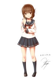 Rule 34 | 1girl, anchor symbol, black sailor collar, black skirt, black socks, blush, brown eyes, brown footwear, brown hair, closed mouth, collarbone, dated, folded ponytail, full body, hair between eyes, highres, inazuma (kancolle), kantai collection, kneehighs, loafers, long hair, neckerchief, pleated skirt, red neckerchief, sailor collar, school uniform, serafuku, shoes, signature, simple background, skirt, smile, socks, solo, white background, yua (checkmate)