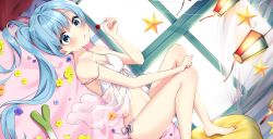 Rule 34 | 1girl, absurdres, babydoll, bed, blue eyes, blue flower, blue hair, cherry, commentary, day, dutch angle, flower, food, fruit, hatsune miku, highres, holding, holding food, holding fruit, lantern, legs up, lips, long hair, looking at viewer, lying, mukuro usss, on back, pillow, solo, spring onion, star ornament, thighs, twintails, very long hair, vocaloid, window, yellow flower