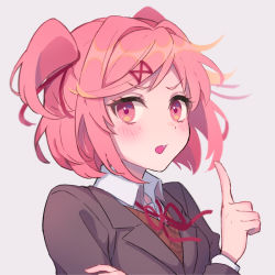 Rule 34 | 1girl, blush, commentary, doki doki literature club, fang, hair ornament, hair ribbon, hands up, index finger raised, long sleeves, looking at viewer, m1stm1, natsuki (doki doki literature club), neck ribbon, open mouth, pink eyes, pink hair, portrait, red ribbon, ribbon, school uniform, short hair, simple background, solo, two side up, upper body, white background, x hair ornament