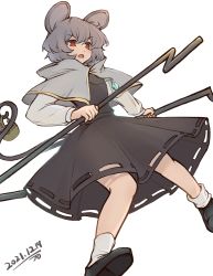 Rule 34 | 1girl, animal ears, artist request, basket, black dress, capelet, dated, dowsing rod, dress, dual wielding, full body, gold trim, grey hair, highres, holding, holding stick, holding with tail, jewelry, long sleeves, mouse (animal), mouse ears, nazrin, open mouth, pendant, prehensile tail, red eyes, short hair, simple background, solo, stick, tail, touhou, v-shaped eyebrows, white background