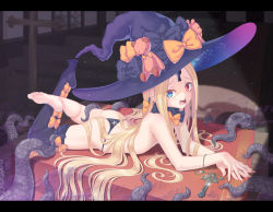 Rule 34 | 1girl, abigail williams (fate), abigail williams (second ascension) (fate), absurdres, ass, bare shoulders, barefoot, black panties, black thighhighs, blonde hair, blue eyes, blush, bow, breasts, collarbone, fate/grand order, fate (series), hat, heterochromia, highres, kido airaku, long hair, open mouth, orange bow, panties, polka dot, polka dot bow, red eyes, single thighhigh, small breasts, solo, stuffed animal, stuffed toy, teddy bear, tentacles, thighhighs, underwear, very long hair, witch hat