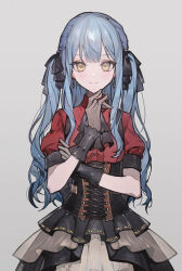 1girl absurdres ajirui ascot bang_dream! bang_dream!_it&#039;s_mygo!!!!! black_ascot black_corset black_gloves black_ribbon black_skirt blue_hair closed_mouth commentary corset cowboy_shot gloves grey_background hair_ribbon hands_up hashtag-only_commentary highres long_hair looking_at_viewer oblivionis_(bang_dream!) puffy_short_sleeves puffy_sleeves red_shirt ribbon shirt short_sleeves sidelocks skirt smile solo standing togawa_sakiko two_side_up yellow_eyes