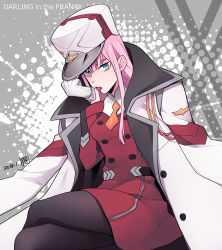 Rule 34 | 10s, 1girl, blue eyes, darling in the franxx, dated, gloves, hat, kuma yuu, licking, licking hand, long hair, looking at viewer, oversized clothes, pantyhose, pink hair, sitting, solo, tongue, tongue out, uniform, zero two (darling in the franxx)
