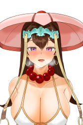 Rule 34 | 1girl, absurdres, arms behind back, bare shoulders, bead necklace, beads, bikini, blush, breasts, brown hair, cleavage, collarbone, earrings, fate/grand order, fate (series), hair between eyes, headpiece, heavy breathing, highres, hoop earrings, ichimegasa, jewelry, large breasts, long hair, looking at viewer, necklace, open mouth, prayer beads, purple eyes, revision, simple background, smile, solo, swimsuit, white background, white bikini, xuangzang sanzang (fate), zuo (pixiv23810140)
