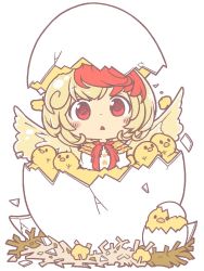 Rule 34 | 1girl, animal, anonymous (japanese), bird, bird wings, blonde hair, blush, blush stickers, chick, egg, feathered wings, gyate gyate, highres, jaggy lines, multicolored hair, niwatari kutaka, open mouth, puffy short sleeves, puffy sleeves, red eyes, red hair, shirt, short hair, short sleeves, simple background, solo, touhou, triangle mouth, two-tone hair, white background, white shirt, wings, yellow wings