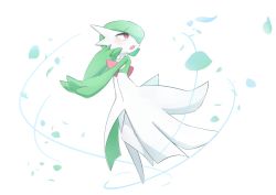 Rule 34 | 1girl, blush, bob cut, colored skin, creatures (company), falling leaves, female focus, flat chest, full body, game freak, gardevoir, gen 3 pokemon, green hair, green skin, hair over one eye, hand up, highres, leaf, leg up, looking to the side, looking up, m3 (gardevoir m3), multicolored skin, nintendo, one eye covered, open mouth, outstretched arm, pokemon, pokemon (creature), red eyes, short hair, simple background, solo, standing, standing on one leg, two-tone skin, white background, white skin, wind