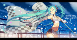 Rule 34 | 1girl, aqua eyes, aqua hair, breasts, character name, cleavage, confetti, cowboy shot, flag, goodsmile company, goodsmile racing, hair ornament, hatsune miku, holding, letterboxed, long hair, lvans, medium breasts, navel, race queen, solo, twintails, vocaloid, wind