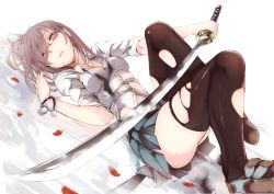 Rule 34 | 1girl, bad id, bad pixiv id, bracelet, glasses, hair ornament, hairclip, jewelry, katana, leaf, looking at viewer, maroon hair, open mouth, original, pink eyes, skirt, solo, sword, thighhighs, torn clothes, torn thighhighs, touma kisa, weapon, zettai ryouiki