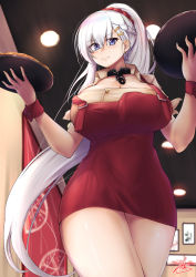 Rule 34 | 1girl, apron, azur lane, beige shirt, belfast (azur lane), belfast (piping-hot perfection) (azur lane), blue eyes, blush, braid, breasts, broken, broken chain, ceiling, chain, cleavage, collar, collarbone, commentary request, earrings, eyebrows hidden by hair, food, french braid, from below, hair ornament, hair scrunchie, hairclip, highres, holding, holding tray, ibara azuki, indoors, jewelry, lamp, large breasts, light smile, long hair, looking at viewer, low neckline, maid, pizza, ponytail, poster (object), red apron, red scrunchie, scrunchie, short sleeves, sidelocks, signature, smile, solo, standing, strap slip, tray, white hair, wrist cuffs