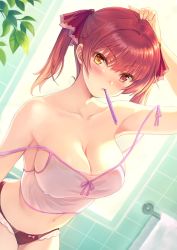 Rule 34 | 1girl, blush, breasts, camisole, cleavage, heterochromia, highres, himamo, hololive, houshou marine, lace, lace-trimmed panties, lace trim, large breasts, panties, red eyes, red hair, red panties, see-through, short twintails, tile wall, tiles, toothbrush, toothbrush in mouth, towel, towel rack, twintails, underwear, underwear only, virtual youtuber, yellow eyes