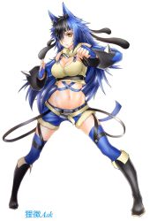 Rule 34 | 1girl, animal ears, artist name, belt, black footwear, black hair, blue hair, blue thighhighs, boots, breasts, cleavage, creatures (company), detached sleeves, eyepatch, female focus, fingerless gloves, full body, game freak, gen 4 pokemon, gloves, highres, large breasts, lucario, midriff, multicolored hair, navel, nintendo, one eye covered, personification, pokemon, solo, spikes, tanukicho ask, thighhighs, two-tone hair, white background, yellow eyes
