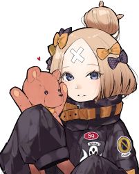 Rule 34 | 1girl, abigail williams (fate), abigail williams (traveling outfit) (fate), alternate hairstyle, bandaid, bandaid on face, bandaid on forehead, blonde hair, blue eyes, bow, commentary request, emblem, fate/grand order, fate (series), hair bow, hair bun, heart, highres, holding, holding stuffed toy, jacket, long sleeves, looking at viewer, official alternate costume, orange bow, parted bangs, parted lips, polka dot, polka dot bow, signature, simple background, single hair bun, sleeves past fingers, sleeves past wrists, solo, stuffed animal, stuffed toy, teddy bear, turtleneck, upper body, utayoi (umakatare), white background