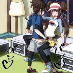 Rule 34 | 1boy, 1girl, arm support, ass, black eyes, black hair, black pantyhose, blue eyes, blue footwear, blue shirt, blush, breasts, breath, brown hair, butt crack, clothed sex, collarbone, creatures (company), desk, double bun, eye contact, franberyll, full body, game freak, grey shorts, hair bun, hair tie, hand on another&#039;s shoulder, happy sex, hat, heart, heavy breathing, hetero, indoors, japanese text, lamp, leggings, long hair, long sleeves, looking at another, motion lines, nate (pokemon), night, nintendo, open mouth, pantyhose, pink headwear, poke ball theme, pokemon, pokemon bw2, red footwear, red headwear, rosa (pokemon), sex, shadow, shirt, shoes, short hair, short shorts, short sleeves, shorts, sideways mouth, sitting, skirt, small breasts, smile, sneakers, spoken heart, standing, sweat, text focus, translation request, trembling, twintails, visor cap, watch, window, wristwatch, yellow shorts