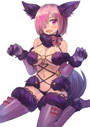 Rule 34 | 1girl, :d, animal ears, bare shoulders, black panties, breasts, claw pose, elbow gloves, fang, fate/grand order, fate (series), fingernails, fur collar, fur trim, gloves, hair over one eye, large breasts, looking at viewer, mash kyrielight, mash kyrielight (dangerous beast), navel, o-ring, official alternate costume, one eye covered, open mouth, panties, pink hair, purple gloves, purple thighhighs, revealing clothes, sharp fingernails, short hair, simple background, sitting, smile, solo, sookmo, tail, thighhighs, underwear, white background, wolf ears, wolf tail
