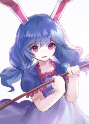 Rule 34 | 1girl, ainy, animal ears, bad id, bad pixiv id, blue dress, blue hair, rabbit ears, collarbone, dress, earclip, frills, hammer, holding, holding weapon, kine, looking at viewer, low twintails, mallet, moon rabbit, open mouth, puffy short sleeves, puffy sleeves, red eyes, seiran (touhou), short dress, short hair, short sleeves, smile, solo, touhou, twintails, weapon