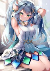 Rule 34 | 1girl, absurdres, armpits, arms behind head, arms up, blue hair, breasts, closed mouth, clothing cutout, collar, detached sleeves, dress, expressionless, faruzan (genshin impact), genshin impact, green eyes, highres, legs, long hair, looking at viewer, medium breasts, see-through silhouette, short sleeves, sitting, sleeveless, sleeveless dress, solo, takemura kou, twintails, white dress