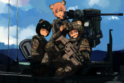 Rule 34 | 3girls, animal ears, armored personnel carrier, armored vehicle, assault rifle, bad id, bad pixiv id, bear ears, boots, browning m2, camouflage, combat helmet, crew-served weapon, eotech, fn 40gl, fn eglm, fn scar, gloves, grenade launcher, gun, heavy machine gun, helmet, highres, infantry fighting vehicle, knee pads, m1126 infantry carrier vehicle, machine gun, military, military uniform, modular weapon system, multiple girls, protector rws, remote controlled weapon station, rifle, scar-h, shibafu (glock23), smile, stryker, under-barrel configuration, underbarrel grenade launcher, uniform, vehicle, weapon