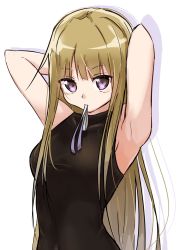 Rule 34 | 1girl, arms behind head, arms up, bare arms, bare shoulders, black dress, blush, closed mouth, commentary request, covered navel, dress, highres, light brown hair, long hair, looking at viewer, mouth hold, nogi lief, nogi wakaba, nogi wakaba wa yuusha de aru, purple eyes, purple ribbon, ribbon, ribbon in mouth, sleeveless, sleeveless dress, solo, upper body, very long hair, white background, yuusha de aru