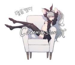 Rule 34 | armchair, arms up, black thighhighs, breasts, chair, from side, full body, grey hair, hair ribbon, hairband, legs up, long hair, looking at viewer, medium breasts, midriff, miniskirt, mouth hold, navel, open clothes, open shirt, original, plantar flexion, pointy ears, red eyes, ribbon, ribbon in mouth, shirt, simple background, sitting, skirt, solo, supernew, thighhighs, underboob, watermark, white background
