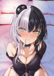 Rule 34 | absurdres, aquina art, bare shoulders, bed, bed sheet, black hair, black shirt, blush, bra, breasts, choker, cleavage, collarbone, dress shirt, from above, highres, hololive, hololive advent, hololive english, kneeling, looking at viewer, medium breasts, multicolored hair, pout, shiori novella, shirt, sick, thermometer, thighs, underwear, virtual youtuber, white hair, yellow eyes