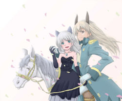 Rule 34 | 2girls, akitatta, animal ears, bad id, bad pixiv id, bare shoulders, black dress, blonde hair, blush, dress, eila ilmatar juutilainen, elbow gloves, epaulettes, gloves, green eyes, holding hands, horse, inactive account, jewelry, long hair, multiple girls, necklace, pantyhose, purple eyes, riding, sanya v. litvyak, silver hair, smile, strike witches, white legwear, world witches series