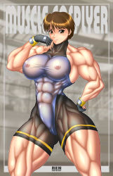 Rule 34 | 1girl, breasts, brown eyes, brown hair, extreme muscles, female focus, fingerless gloves, gloves, hand on own hip, highres, hip focus, huge breasts, large breasts, muscular, nipples, ren (tainca2000), see-through, short hair, skin tight, solo, thighs