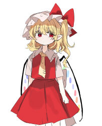 Rule 34 | 1girl, ascot, blonde hair, crystal, flandre scarlet, hat, hat ribbon, highres, mob cap, multicolored wings, one side up, puffy short sleeves, puffy sleeves, ramochi, red eyes, red skirt, red vest, ribbon, short sleeves, side ponytail, skirt, skirt set, touhou, upper body, vest, white hat, wings, yellow ascot