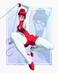 Rule 34 | 1girl, absurdres, bodysuit, breasts, covered navel, domino mask, grin, highres, levidu99, marvel, mary jane watson, mask, medium breasts, red bodysuit, red hair, red lips, skin tight, smile, solo, spider-man (series), spinneret (marvel), superhero costume, swinging, two-tone bodysuit, updo, white bodysuit
