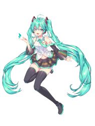 Rule 34 | 1girl, :d, absurdres, ahoge, aqua eyes, aqua hair, black skirt, black thighhighs, boots, character name, detached sleeves, full body, hair between eyes, hatsune miku, headset, highres, kinos (kw00789), long hair, looking at viewer, musical note, nail polish, navel, necktie, open mouth, pleated skirt, simple background, skirt, smile, solo, thigh boots, thighhighs, twintails, very long hair, vocaloid, white background