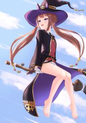 Rule 34 | 1girl, animal ears, bare legs, barefoot, belt, black belt, black cloak, black necktie, blue sky, broom, cloak, cloud, cloudy sky, commentary request, feet, hair rings, hat, highres, horse ears, horse girl, horse tail, legs, long hair, magical girl, necktie, open cloak, open clothes, outdoors, philo 324, pleated skirt, purple eyes, red sweater, shirt, sitting, skirt, sky, smile, solo, sweater, sweep tosho (umamusume), tail, thighs, toes, twintails, umamusume, very long hair, white shirt, white skirt, witch hat