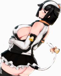 Rule 34 | 1girl, animal ears, animal print, armband, ass, bare shoulders, bell, black footwear, black hair, bottle, bow, breasts, cow ears, cow girl, cow print, cow tail, cowboy shot, dutch angle, elbow gloves, extra ears, frilled skirt, frills, from side, gloves, highres, holding, holding bottle, holstein friesian cattle (kemono friends), huge breasts, kemono friends, looking at viewer, medium hair, microskirt, milk bottle, multicolored hair, print gloves, print shirt, shibori kasu, shirt, sideboob, sidelocks, simple background, skindentation, skirt, sleeveless, sleeveless shirt, solo, tail, tail bell, tail bow, tail ornament, thighhighs, two-tone hair, white background, white hair