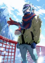Rule 34 | 1boy, blue eyes, blue hair, blue mittens, cloud, commentary request, creatures (company), day, eyelashes, floating scarf, game freak, grusha (pokemon), highres, jacket, long hair, male focus, mittens, nintendo, outdoors, pants, poke ball print, pokemon, pokemon sv, scarf, scarf over mouth, sky, snowing, solo, yellow jacket, yuro (mangasukinoyuro)
