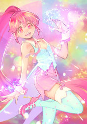 Rule 34 | 1girl, :d, aino megumi, blue thighhighs, breasts, cleavage, detached collar, floating hair, garter straps, hair between eyes, happinesscharge precure!, high heels, jj (ssspulse), lens flare, long hair, mary janes, open mouth, pink neckwear, pink shorts, polka dot, polka dot legwear, precure, red eyes, red hair, shoes, short shorts, shorts, sleeveless, small breasts, smile, solo, standing, standing on one leg, strappy heels, thighhighs, very long hair, wrist cuffs, zettai ryouiki