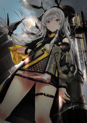 Rule 34 | 1girl, arknights, bare legs, bare shoulders, cannon, commentary, detached sleeves, expressionless, feet out of frame, grey jacket, hand in pocket, highres, jacket, long hair, long sleeves, looking at viewer, low-tied long hair, red eyes, sakusyo, sidelocks, signature, silver hair, sky, solo, standing, thigh strap, thighs, very long hair, weapon, weapon on back, weedy (arknights)