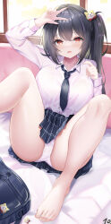 Rule 34 | 1girl, absurdres, bag, bare legs, barefoot, bed, bed sheet, black hair, black necktie, blush, breasts, cat hair ornament, collared shirt, commentary request, crotch, foot out of frame, hair between eyes, hair ornament, highres, karee, large breasts, legs, looking at viewer, nanoda002 (saber427), necktie, on bed, open mouth, original, red eyes, school bag, school uniform, shirt, side ponytail, sidelocks, sitting, solo, thighs, v, white shirt, window