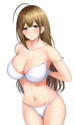 1girl ahoge arms_behind_back asarime bad_id bad_pixiv_id bare_shoulders blush bra breasts brown_eyes brown_hair cleavage collarbone highres idolmaster idolmaster_shiny_colors kuwayama_chiyuki large_breasts long_hair looking_at_viewer navel panties parted_lips solo thighs underwear white_bra white_panties