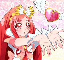 Rule 34 | 1girl, absurdres, bow, brooch, cure ace, dokidoki! precure, eyelashes, hair bow, heart, heart brooch, highres, long hair, madoka aguri, magical girl, outstretched hand, pink background, precure, red eyes, red hair, solo, wings, yupiteru
