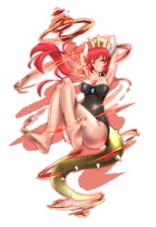 Rule 34 | 1girl, absurdres, alternate hair color, armpits, arms behind head, arms up, bare shoulders, barefoot, blue eyes, blue gemstone, blush, bowsette, bracelet, breasts, cleavage, collar, crown, dress, earrings, feet, from side, full body, gem, highres, horns, invisible chair, jewelry, large breasts, leotard, long hair, looking at viewer, mario (series), new super mario bros. u deluxe, nintendo, p ion, parted bangs, pointy ears, ponytail, red eyes, sharp teeth, shell, sitting, solo, spiked bracelet, spiked collar, spikes, super crown, tail, tan, tanline, teeth, thighs, transparent background, wide hips