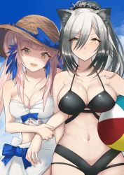 Rule 34 | 2girls, :d, animal ears, arknights, bad id, bad twitter id, ball, bandeau, bare arms, bare shoulders, beachball, bikini, black bikini, blue bow, blue feathers, blue sky, bow, breasts, brown eyes, cat ears, ceylon (arknights), cleavage, cloud, collarbone, commentary request, day, feather hair, feathers, halterneck, hat, hat bow, head tilt, large breasts, long hair, looking at viewer, medium breasts, multiple girls, navel, open mouth, pink hair, sarong, schwarz (arknights), sidelocks, silver hair, sky, smile, stomach, strapless, strapless bikini, sun hat, swimsuit, upper body, white bikini, yellow eyes, yuzuruka (bougainvillea)