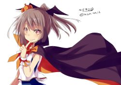 Rule 34 | 10s, 1girl, bat wings, black cape, blush, bow, brown hair, cape, closed mouth, eyebrows, fang, fang out, from side, hand up, head wings, hizaka, i-401 (kancolle), index finger raised, kantai collection, looking at viewer, multicolored eyes, orange bow, ponytail, pumpkin hat, school swimsuit, simple background, sleeveless, solo, swimsuit, twitter username, upper body, white background, wings
