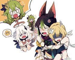 Rule 34 | 1boy, 3girls, @ @, anger vein, animal ears, black gloves, black hair, blonde hair, carrying, collei (genshin impact), detached sleeves, dodo t, dress, drooling, emoji, fainted, fang, flower, flying sweatdrops, fox boy, fox ears, genshin impact, gloves, green hair, hair between eyes, hair flower, hair ornament, halo, highres, korean commentary, lumine (genshin impact), messy hair, mouth drool, multicolored hair, multiple girls, multiple views, o o, open mouth, paimon (genshin impact), partially fingerless gloves, piggyback, purple eyes, shaded face, simple background, streaked hair, sweat, tassel, tears, tighnari (genshin impact), twitter username, unconscious, white background, white dress, white flower, yellow flower